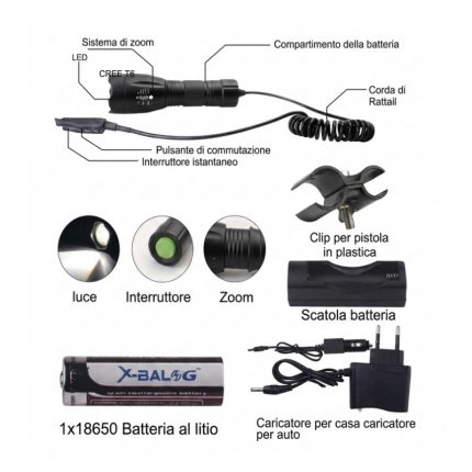 TORCIA CON FASCIO DI LUCE REGOLABILE COMPLETA DI BATTERIA RICARC./CONTROLLO REMOTO/CARICABAT./ATTACCO FUCILE